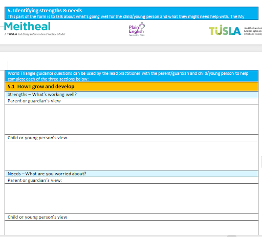 Meitheal Strengths and Needs Record Form with Case Study- Tusla Ireland