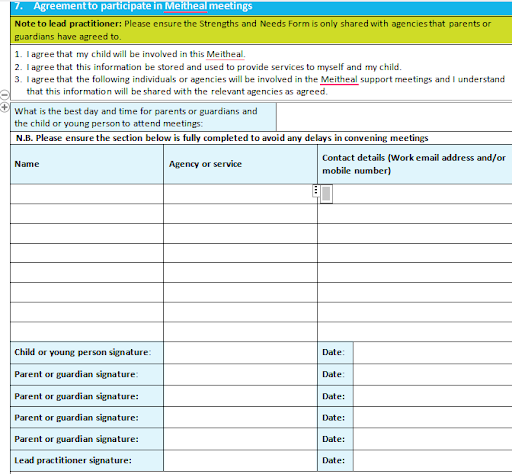 Meitheal Strengths and Needs Record Form with Case Study- Tusla Ireland